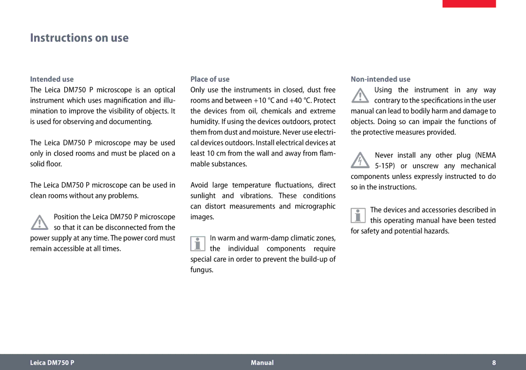 Leica dm750 p manual Instructions on use, Intended use, Place of use, Non-intended use 