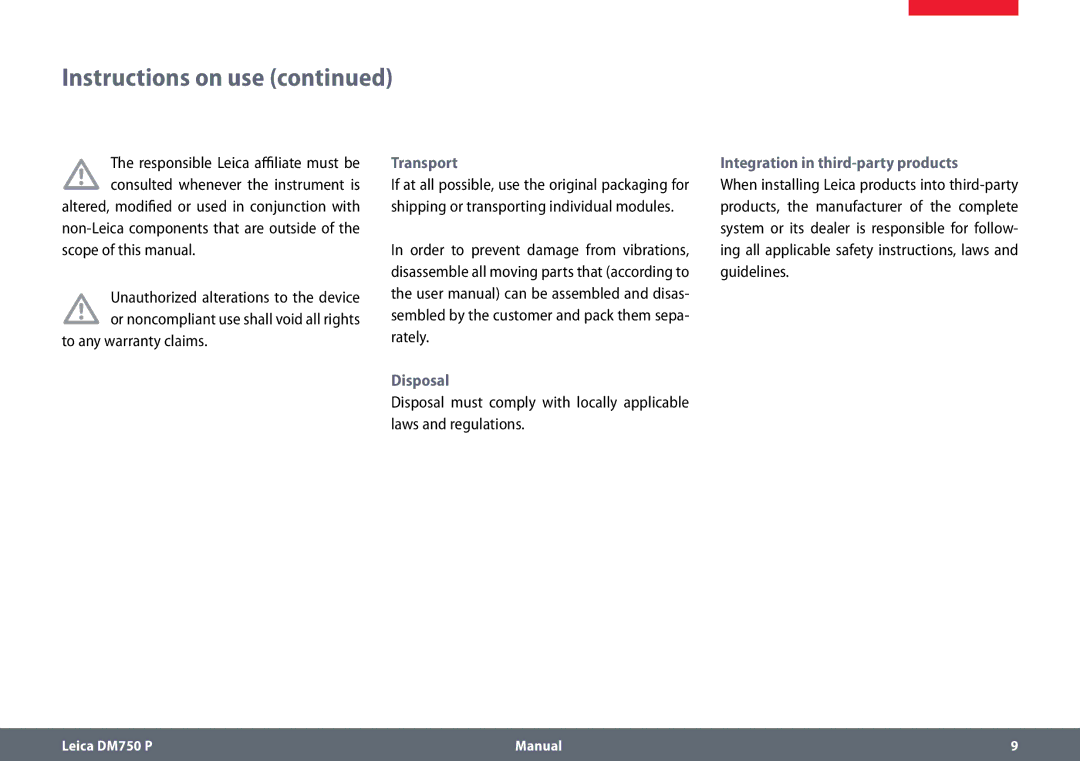 Leica dm750 p manual To any warranty claims, Transport, Disposal, Integration in third-party products 
