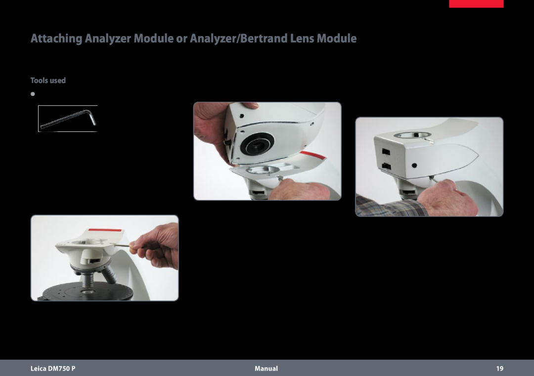 Leica dm750 p manual Attaching Analyzer Module or Analyzer/Bertrand Lens Module, Tools used 