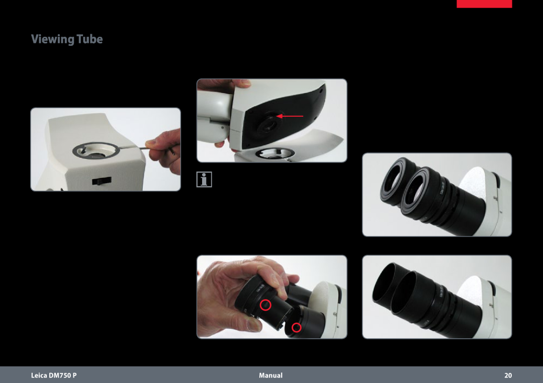 Leica dm750 p manual Viewing Tube, is seated with the orientation slot in the right eyetube, Leica DM750 P, Manual 