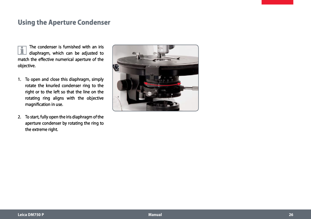 Leica dm750 p manual Using the Aperture Condenser, objective, Leica DM750 P, Manual 