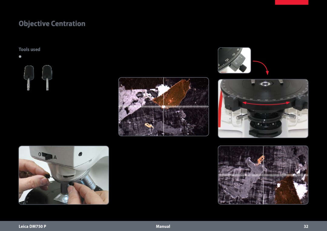 Leica dm750 p Objective Centration, Tools used, ϘϘ Centering keys, Focus the polarizing sample, Leica DM750 P, Manual 