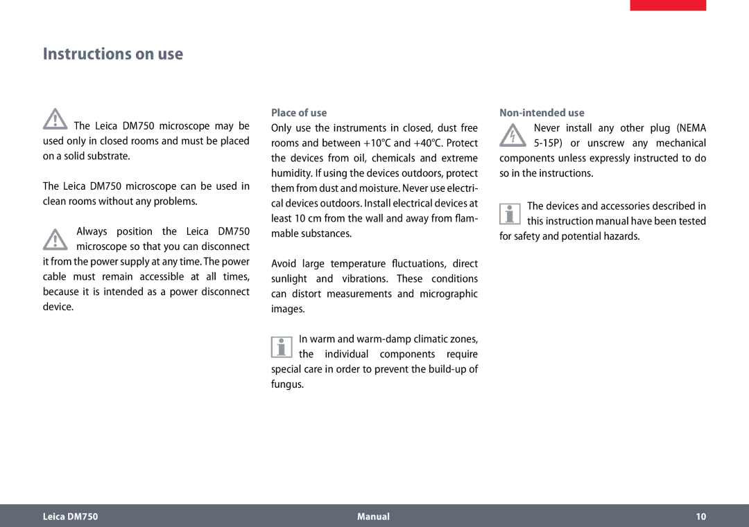 Leica DM750 manual Instructions on use, Place of use, Fungus, Non-intended use 