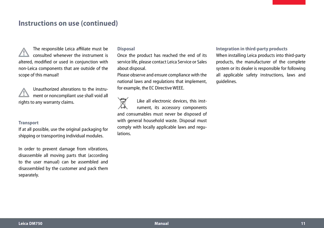 Leica DM750 Scope of this manual, Rights to any warranty claims, Transport, Disposal, Integration in third-party products 