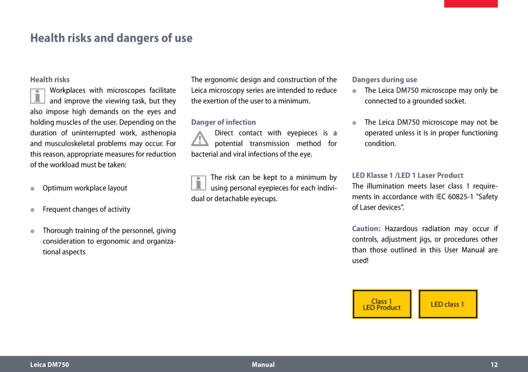 Leica DM750 manual Health risks and dangers of use, Dual or detachable eyecups, LED Klasse 1 /LED 1 Laser Product 