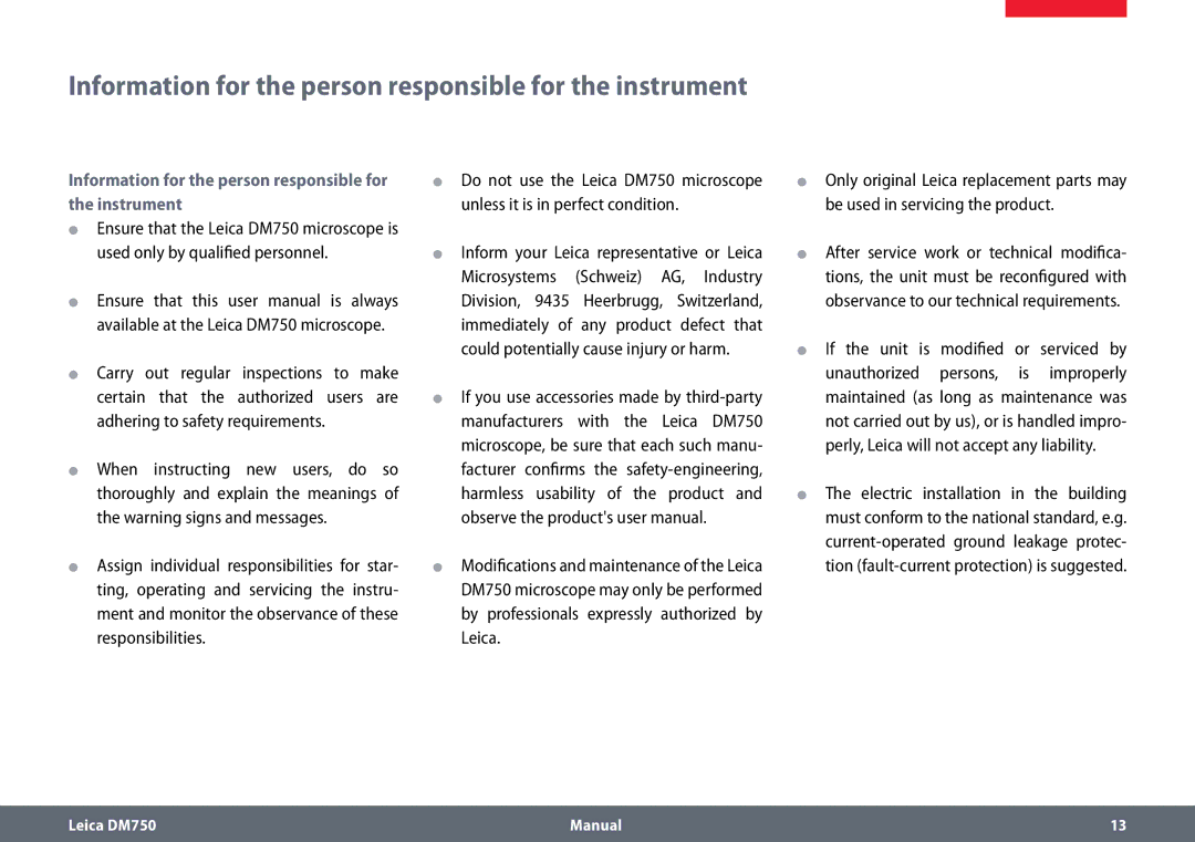 Leica DM750 manual Information for the person responsible for the instrument 