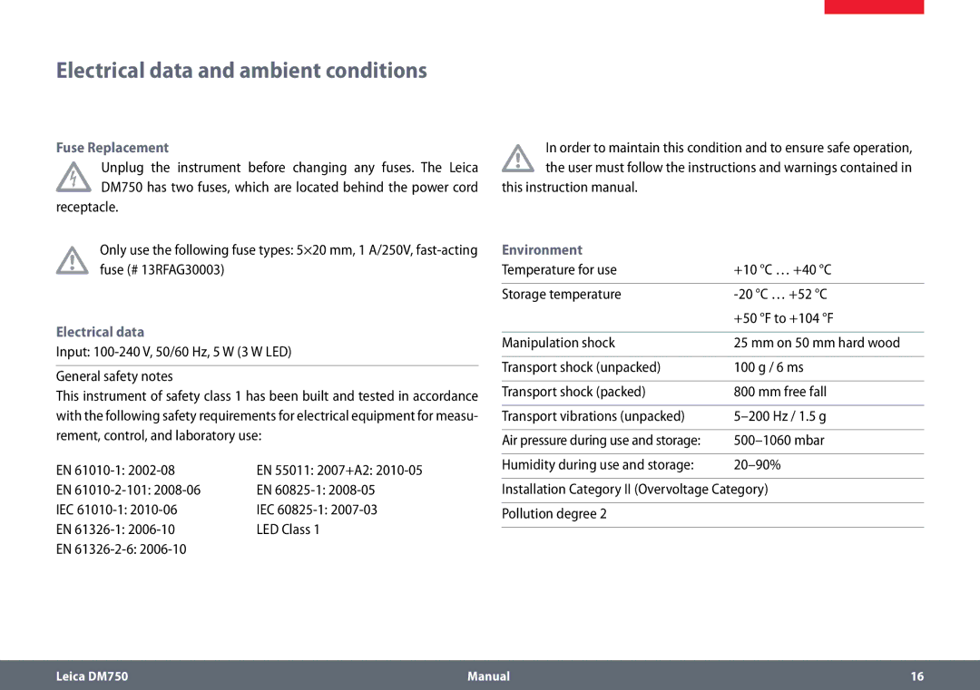 Leica DM750 manual Electrical data and ambient conditions, Fuse Replacement, Environment, Mbar 