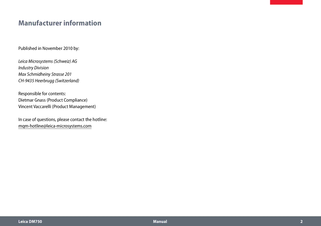 Leica DM750 manual Manufacturer information, Published in November 2010 by, Responsible for contents 