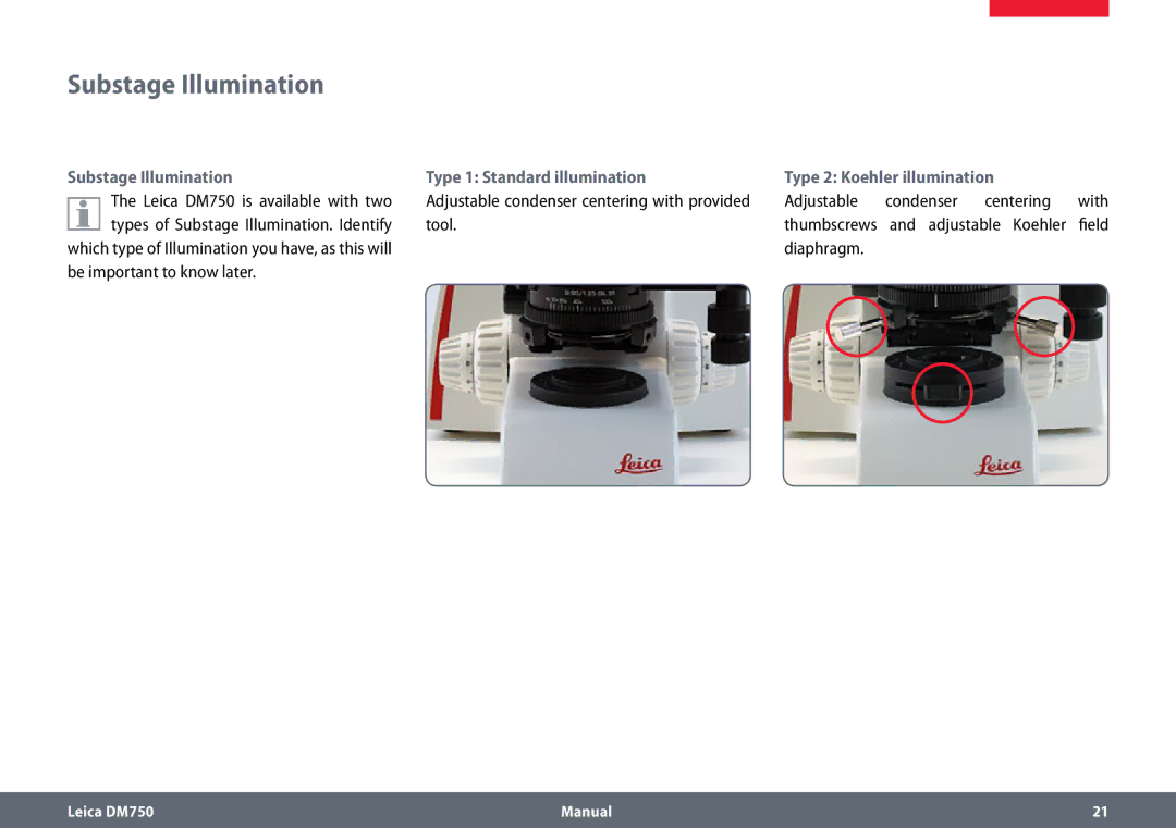 Leica manual Substage Illumination, Leica DM750 is available with two, Adjustable Condenser Centering 