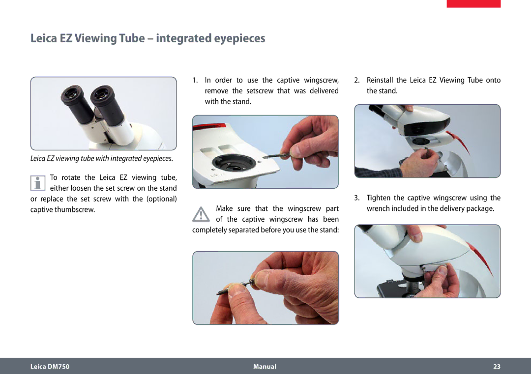 Leica DM750 manual Leica EZ Viewing Tube integrated eyepieces, Leica EZ viewing tube with integrated eyepieces 