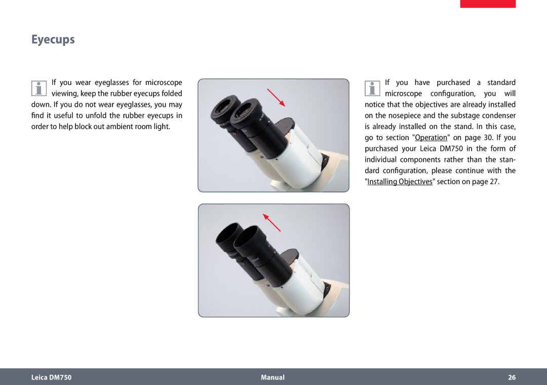 Leica DM750 manual Eyecups, Order to help block out ambient room light, Installing Objectives section on 