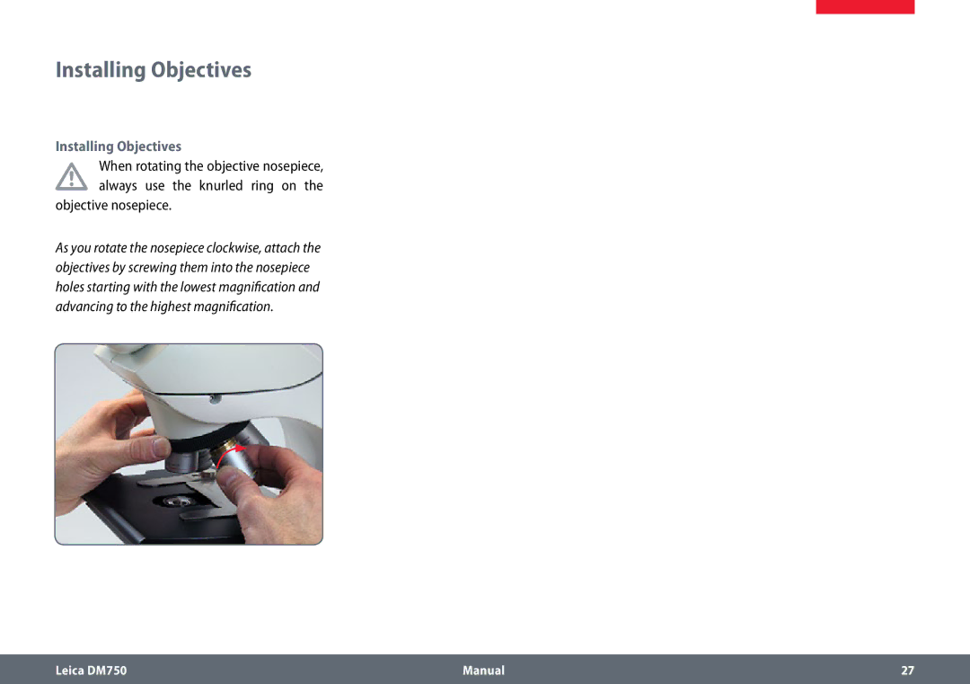 Leica DM750 manual Installing Objectives, Objective nosepiece 