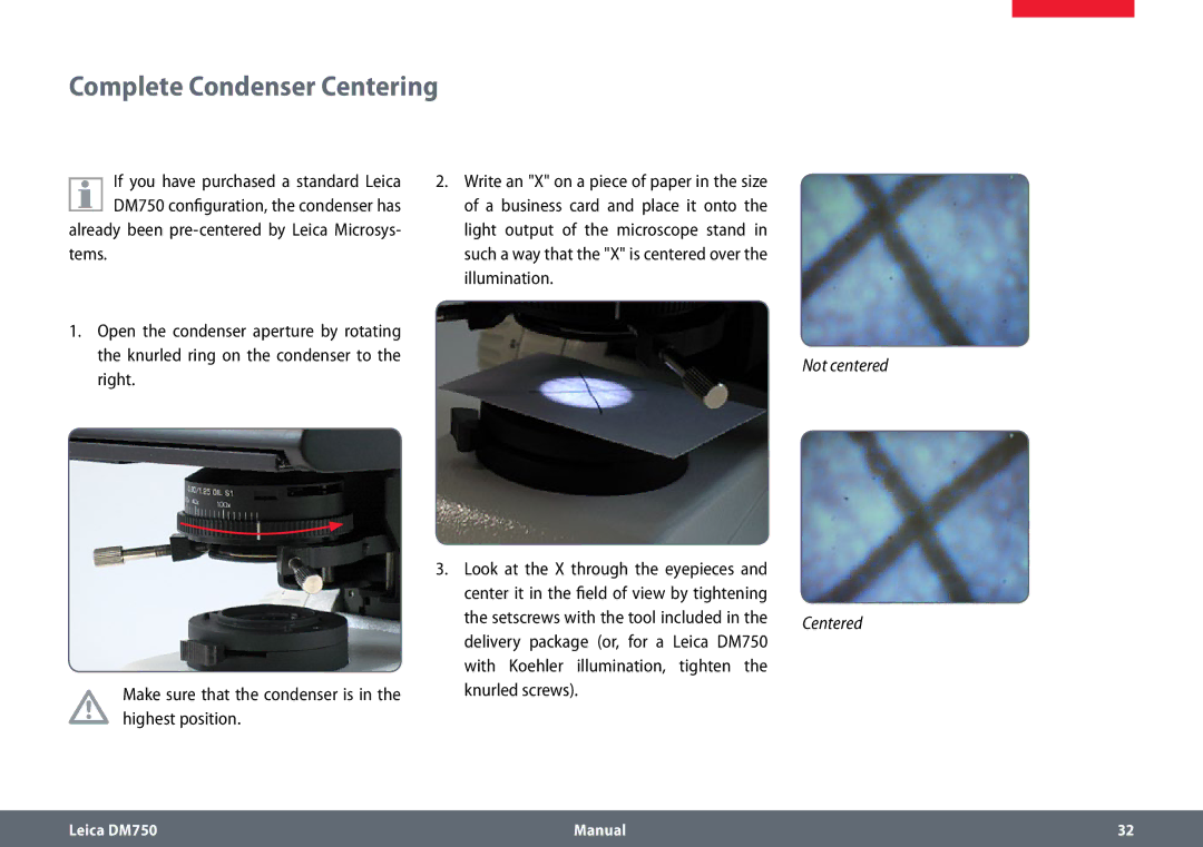 Leica manual Complete Condenser Centering, Delivery package or, for a Leica DM750 