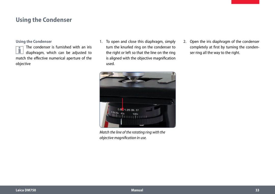 Leica DM750 manual Using the Condenser 