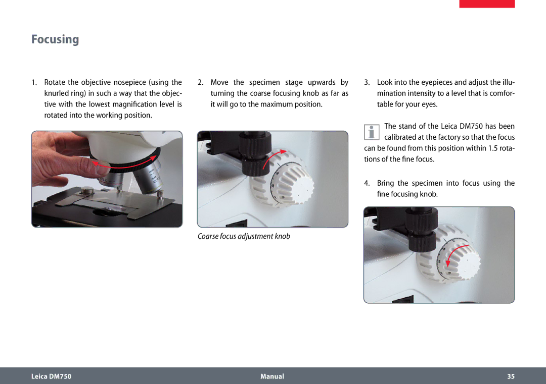 Leica DM750 manual Focusing 