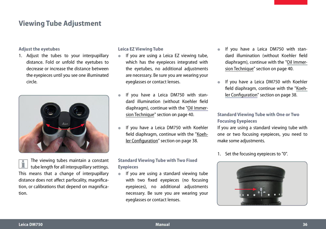 Leica DM750 manual Viewing Tube Adjustment, Adjust the eyetubes, Leica EZ Viewing Tube 