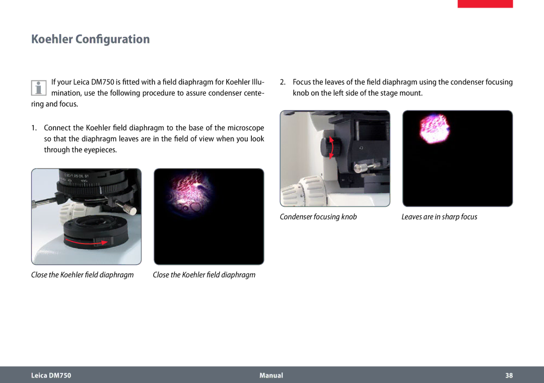 Leica DM750 manual Koehler Configuration, Condenser focusing knob 