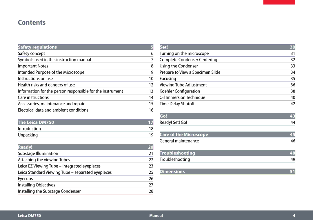 Leica DM750 manual Contents 