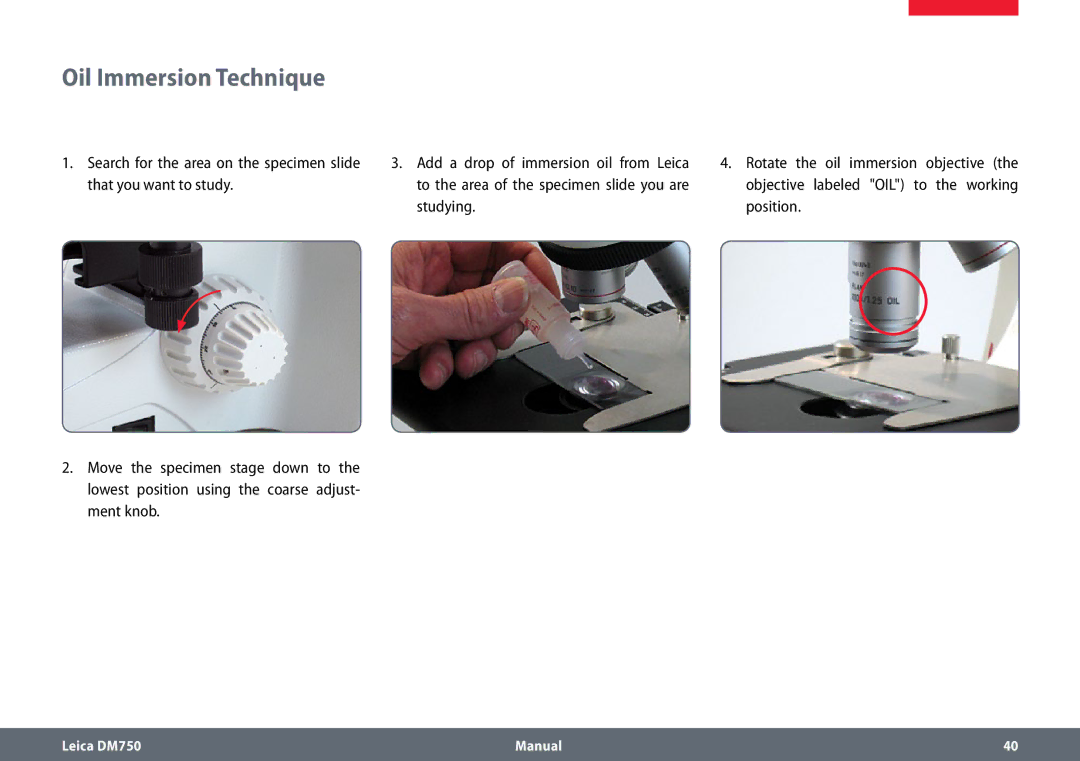 Leica DM750 manual Oil Immersion Technique 