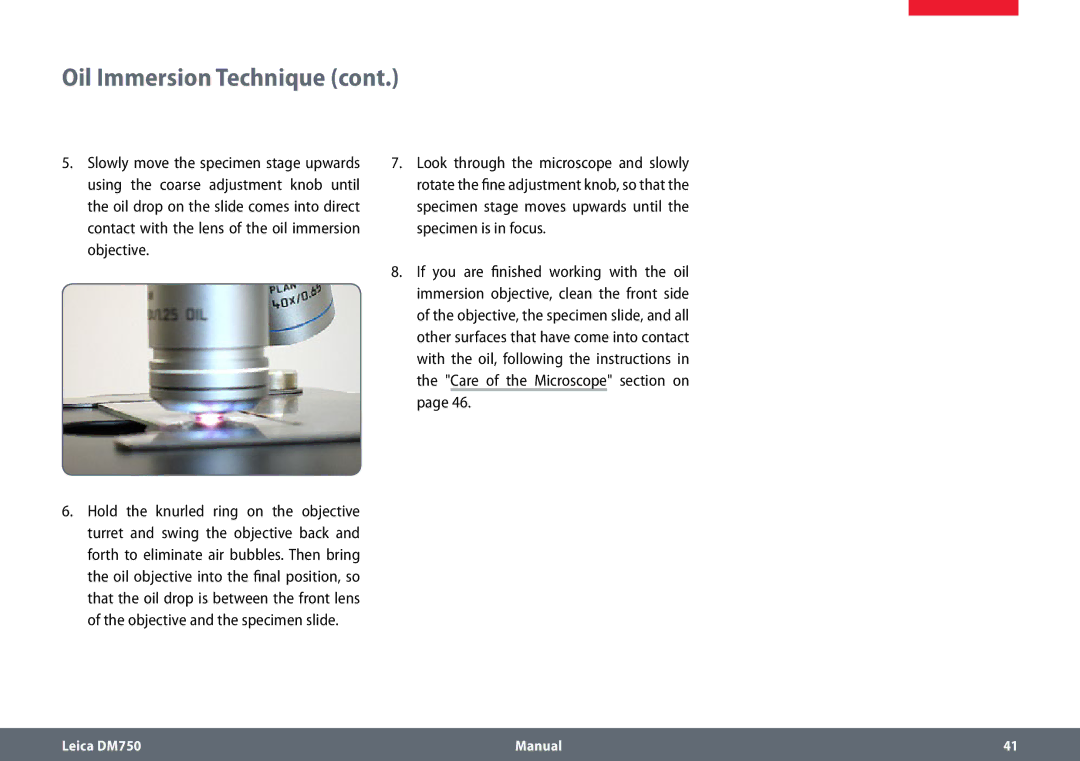Leica DM750 manual Oil Immersion Technique 