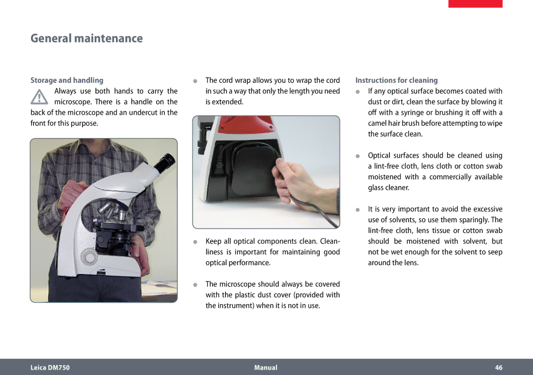 Leica DM750 manual General maintenance, Storage and handling, Instructions for cleaning 