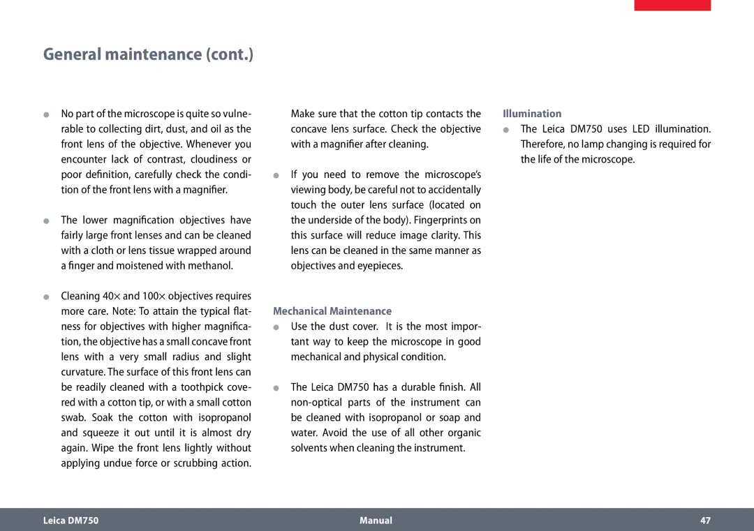 Leica DM750 manual Mechanical Maintenance, Illumination 