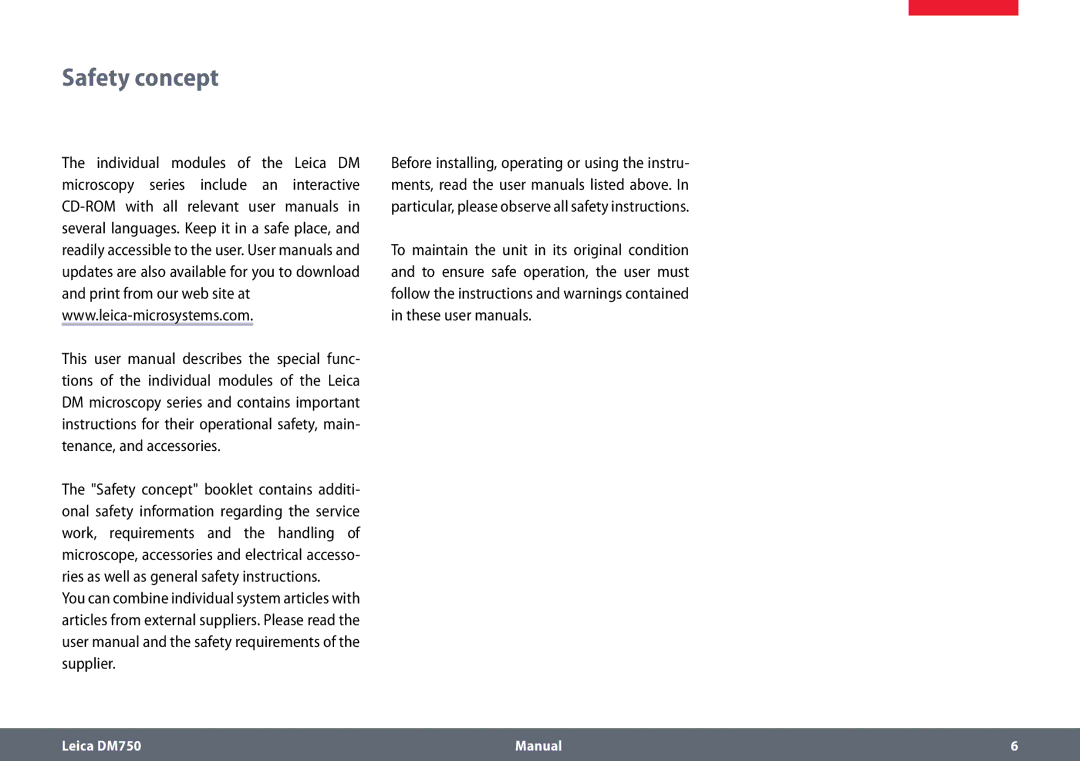 Leica DM750 manual Safety concept 