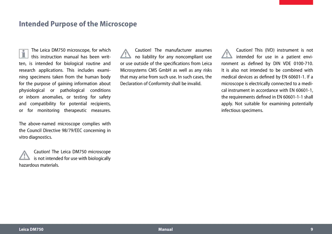 Leica DM750 manual Intended Purpose of the Microscope 