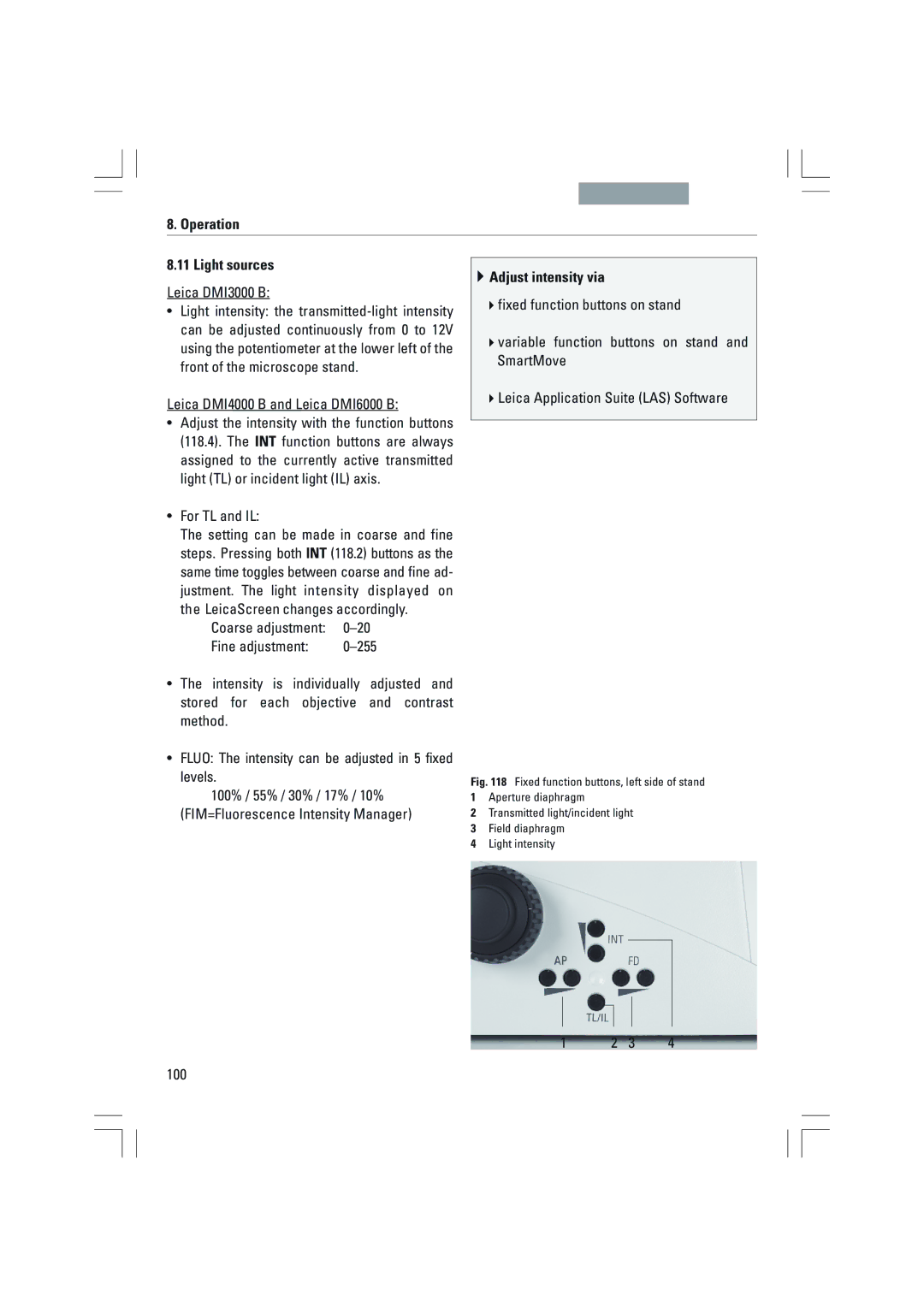 Leica DMI6000B, DMI3000B, DMI4000B Operation Light sources, ¥ For TL and IL, Fine adjustment, Adjust intensity via, 100 