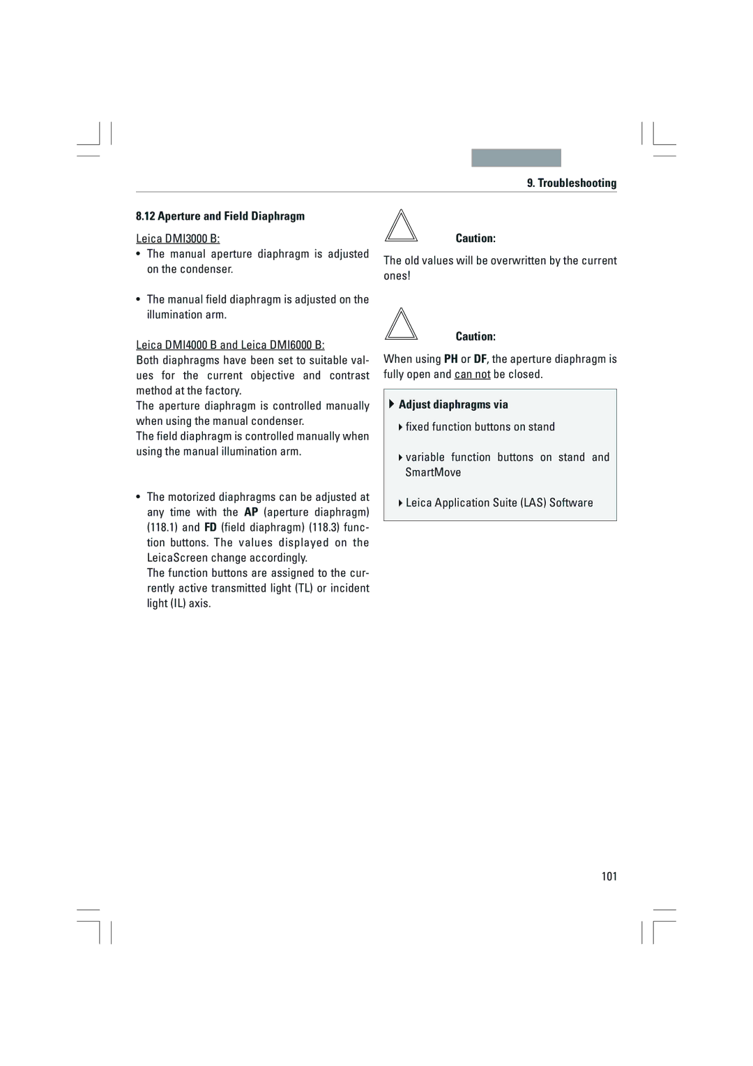 Leica DMI4000B, DMI3000B, DMI6000B manual Troubleshooting Aperture and Field Diaphragm, Adjust diaphragms via 
