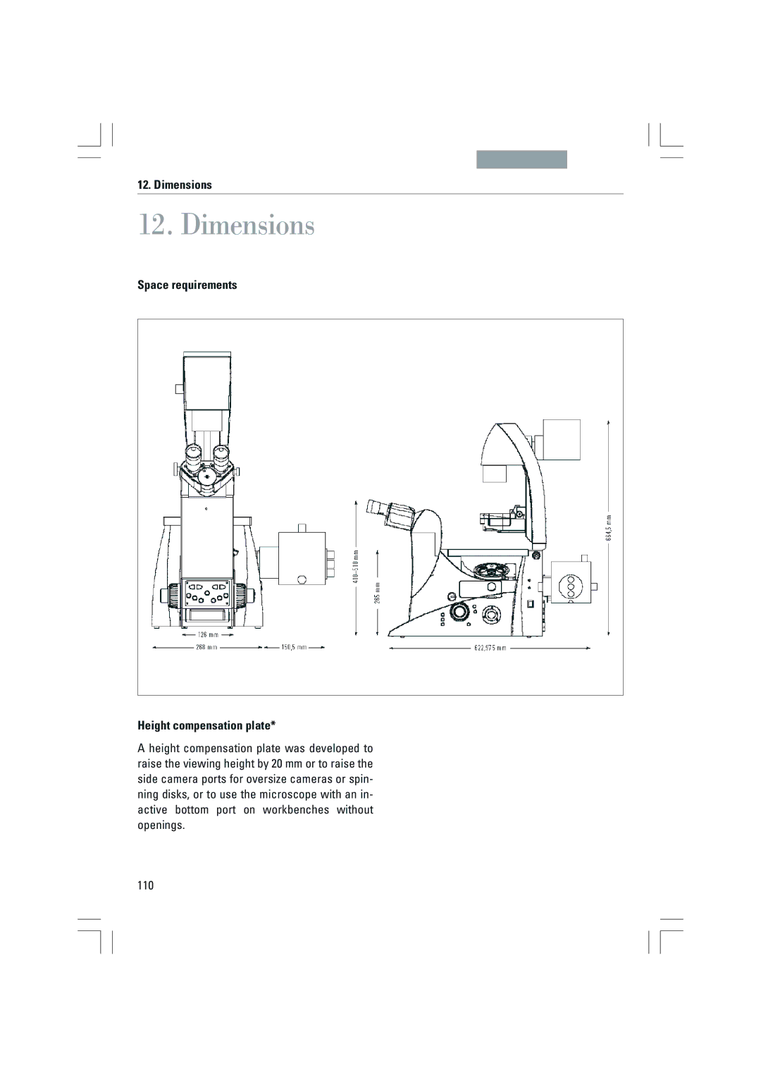 Leica DMI4000B, DMI3000B, DMI6000B manual Dimensions, Space requirements Height compensation plate, 110 