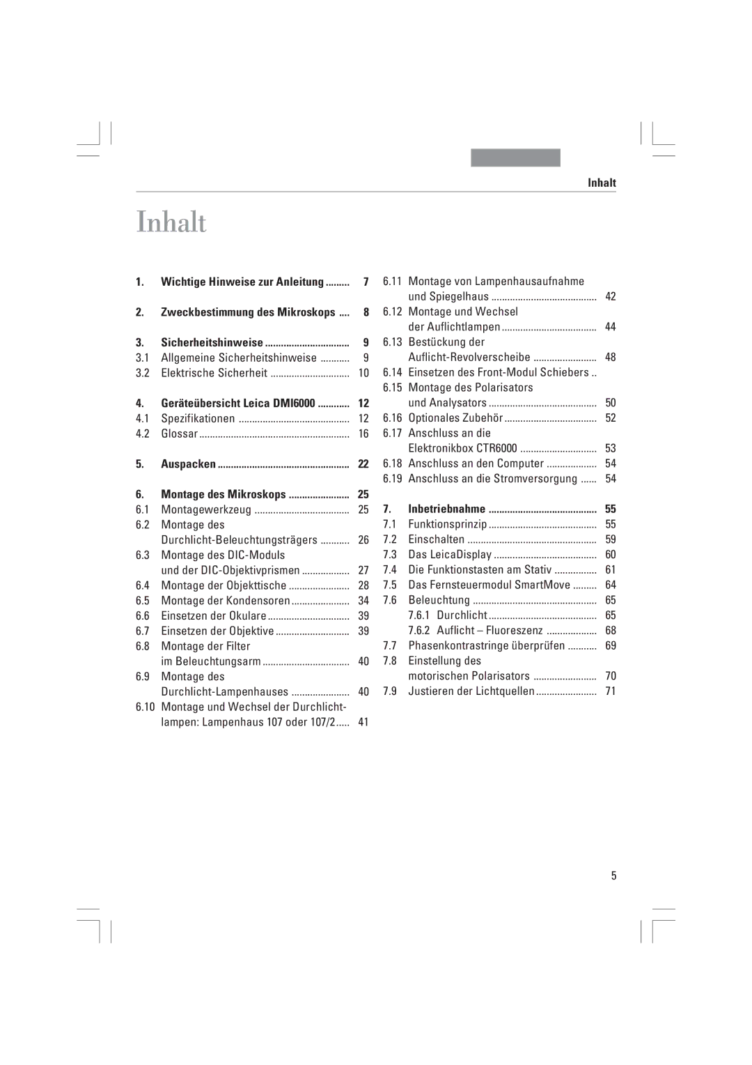 Leica DMI4000B, DMI3000B, DMI6000B manual Inhalt 