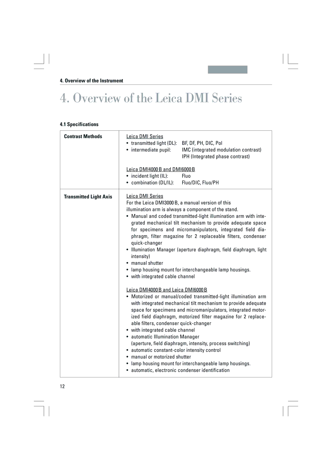 Leica DMI3000B, DMI6000B Overview of the Leica DMI Series, Overview of the Instrument, Specifications Contrast Methods 