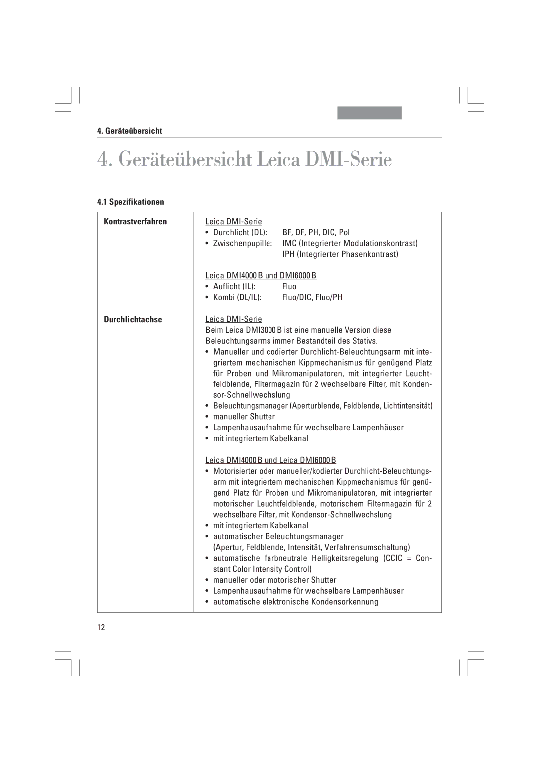 Leica DMI3000B manual Geräteübersicht Leica DMI-Serie, GerŠteŸbersicht, Spezifikationen Kontrastverfahren, Durchlichtachse 