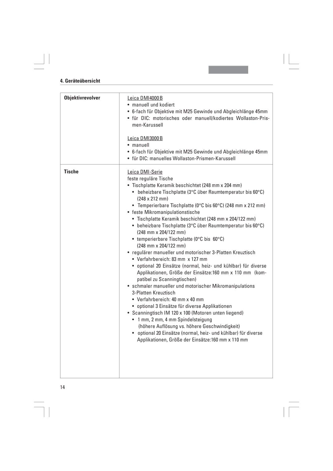 Leica DMI4000B, DMI3000B, DMI6000B manual GerŠteŸbersicht Objektivrevolver, Tische 