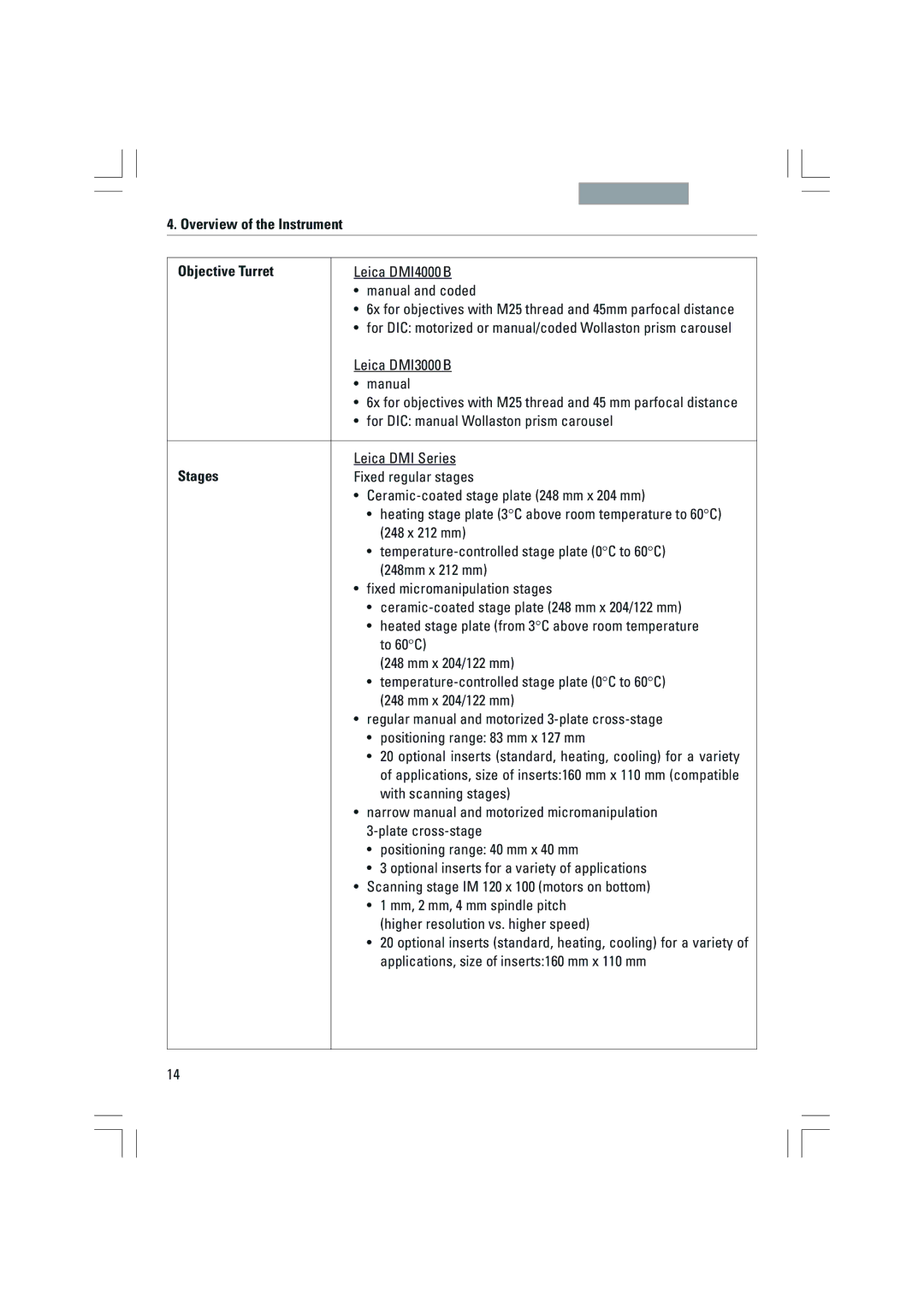 Leica DMI4000B, DMI3000B, DMI6000B manual Overview of the Instrument Objective Turret, Stages 