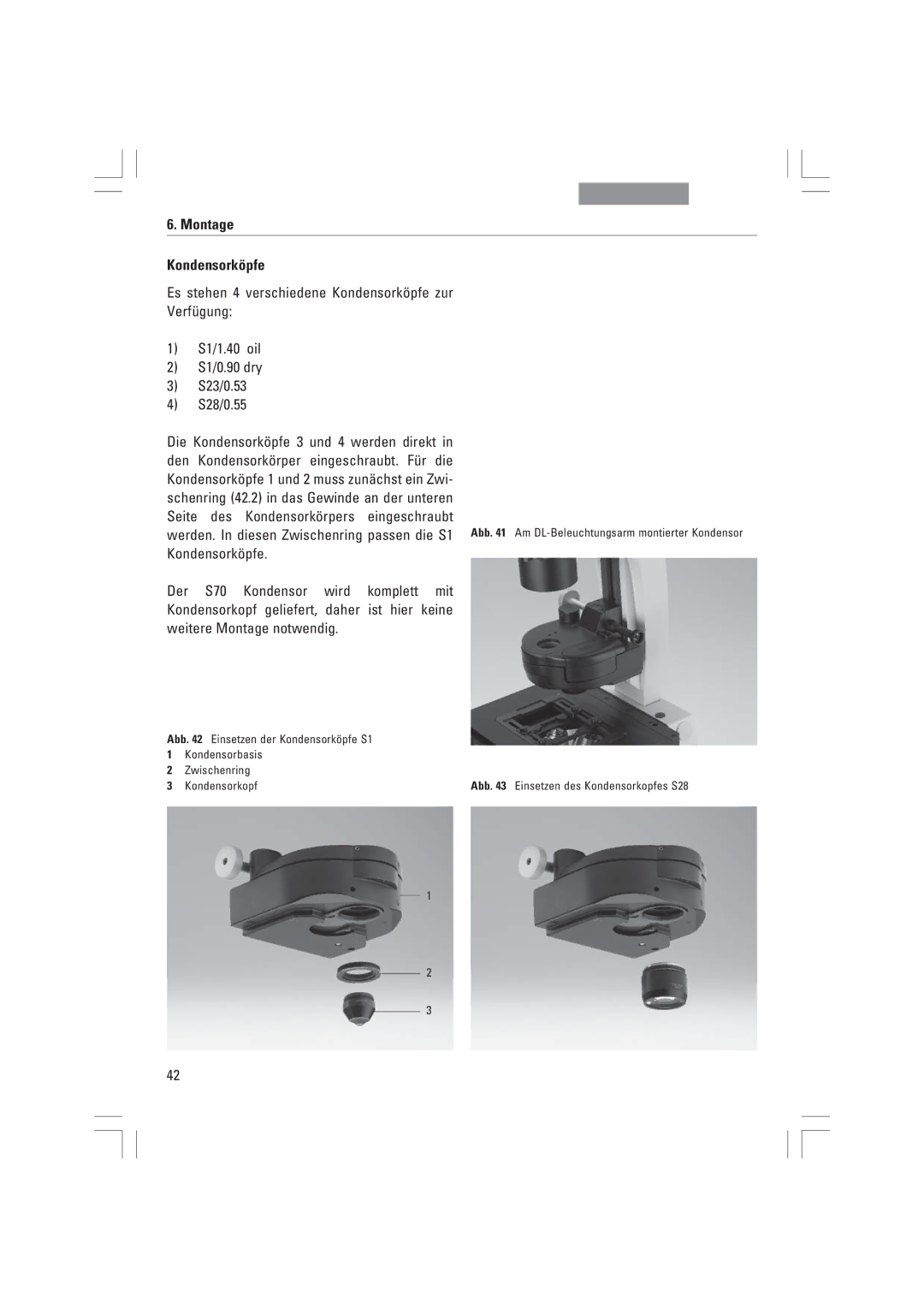 Leica DMI3000B, DMI6000B, DMI4000B manual Montage Kondensorkšpfe 