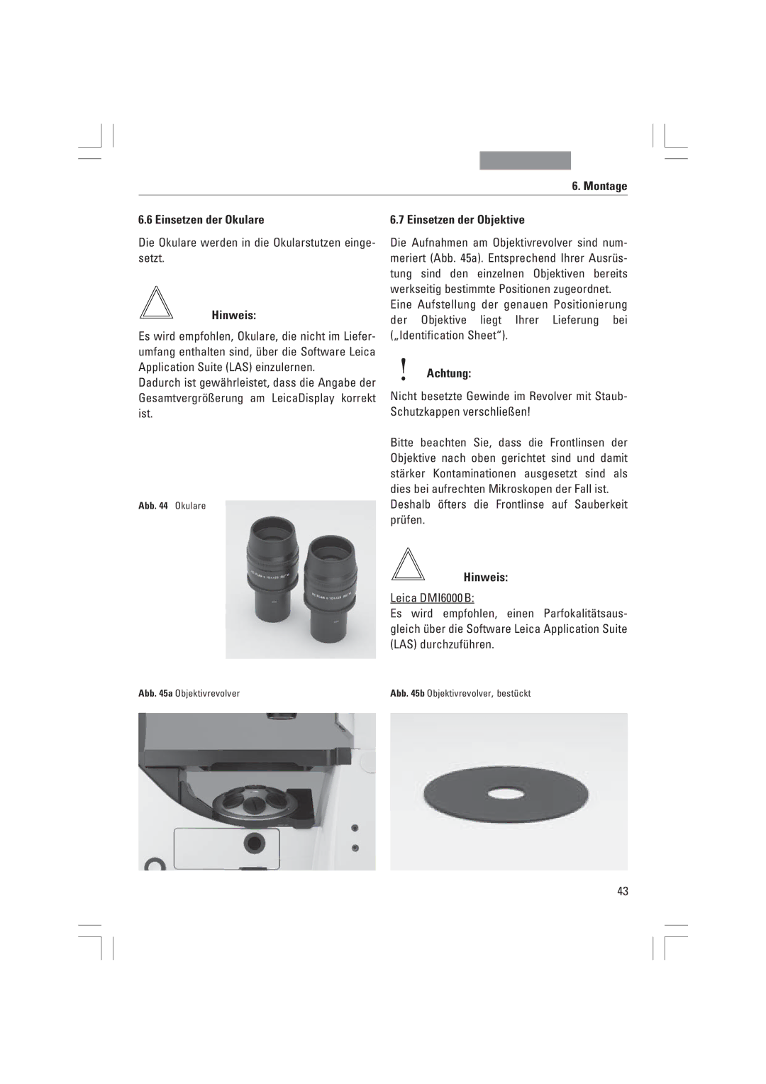 Leica DMI6000B, DMI3000B, DMI4000B manual Montage Einsetzen der Okulare, Die Okulare werden in die Okularstutzen einge- setzt 