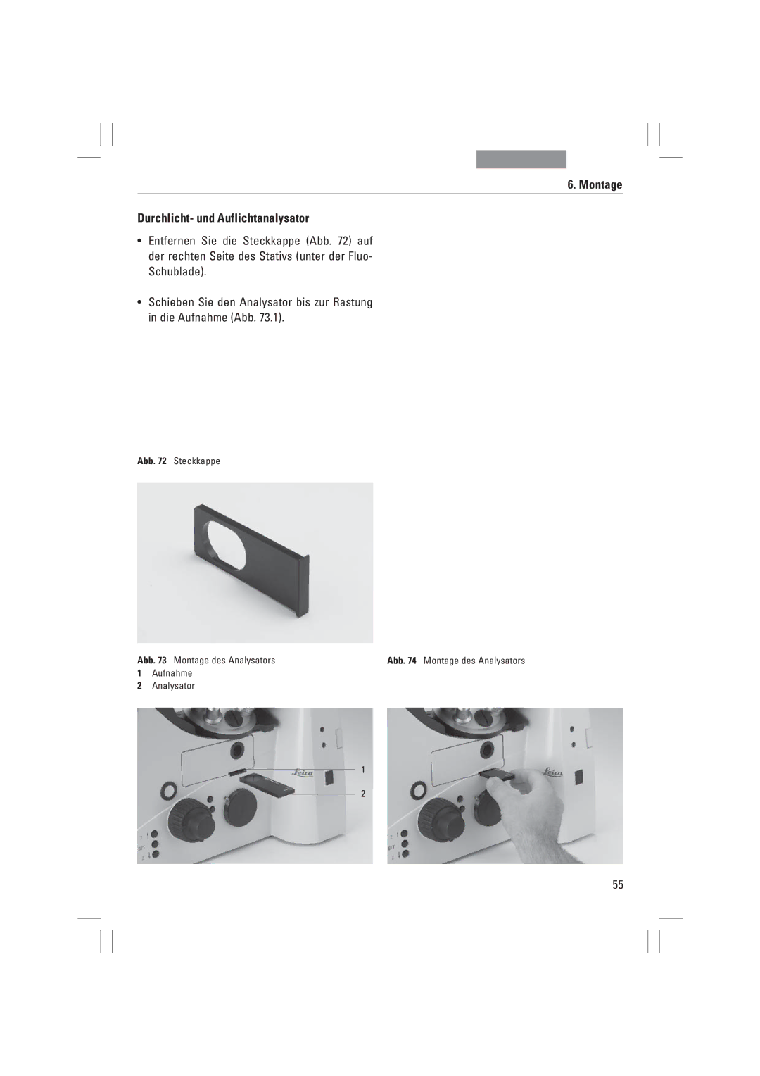 Leica DMI6000B, DMI3000B, DMI4000B manual Montage Durchlicht- und Auflichtanalysator 