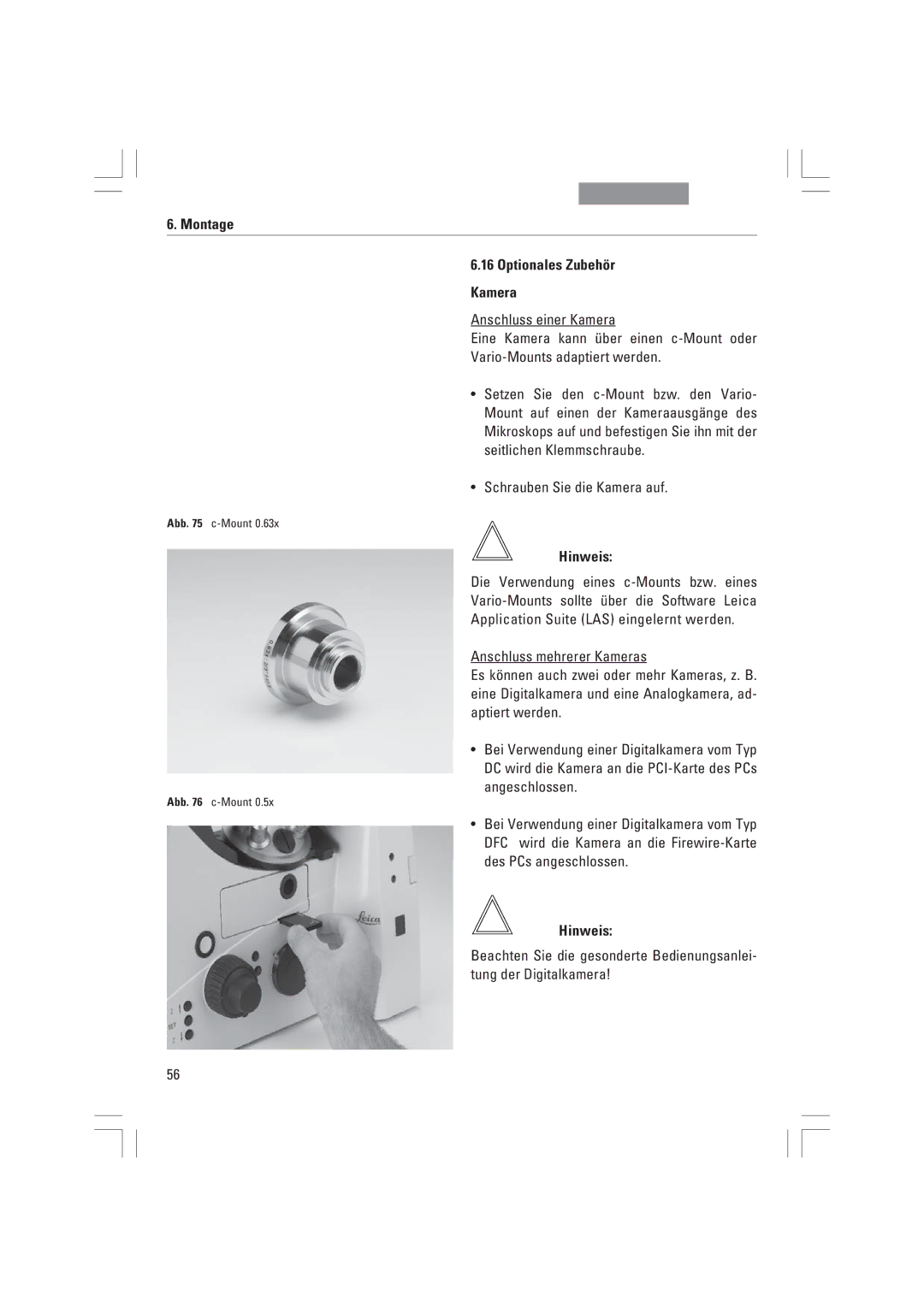 Leica DMI4000B, DMI3000B, DMI6000B manual Montage Optionales Zubehšr Kamera, Hinweis 