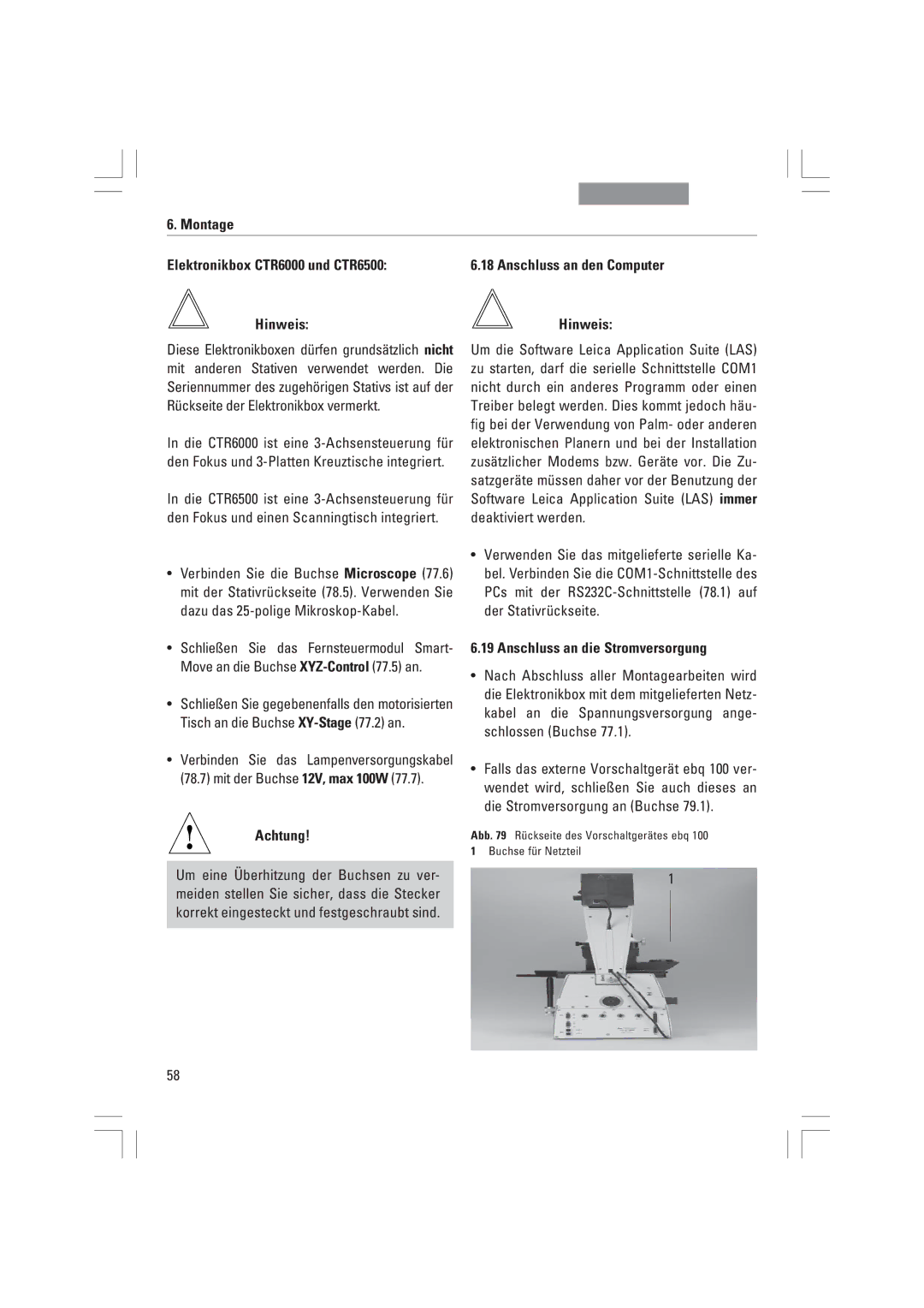 Leica DMI6000B, DMI3000B manual Montage Elektronikbox CTR6000 und CTR6500, HinweisHinweis, Anschluss an die Stromversorgung 