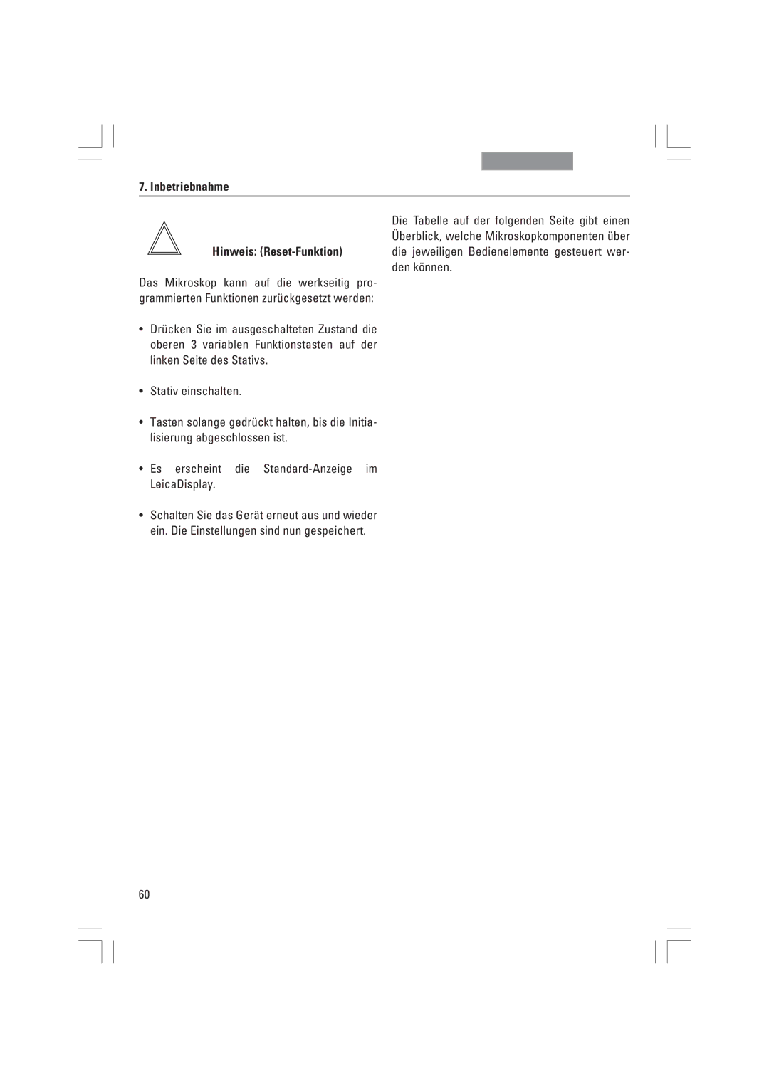 Leica DMI3000B, DMI6000B, DMI4000B manual Hinweis Reset-Funktion, Den kšnnen, Das Mikroskop kann auf die werkseitig pro 