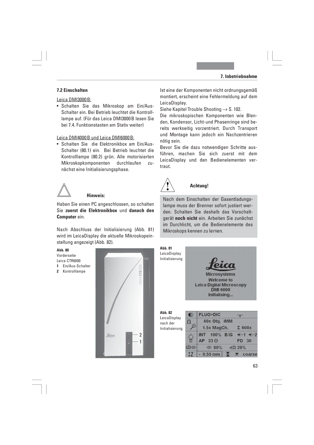 Leica DMI3000B, DMI6000B, DMI4000B manual Inbetriebnahme Einschalten, Leica DMI3000 B 