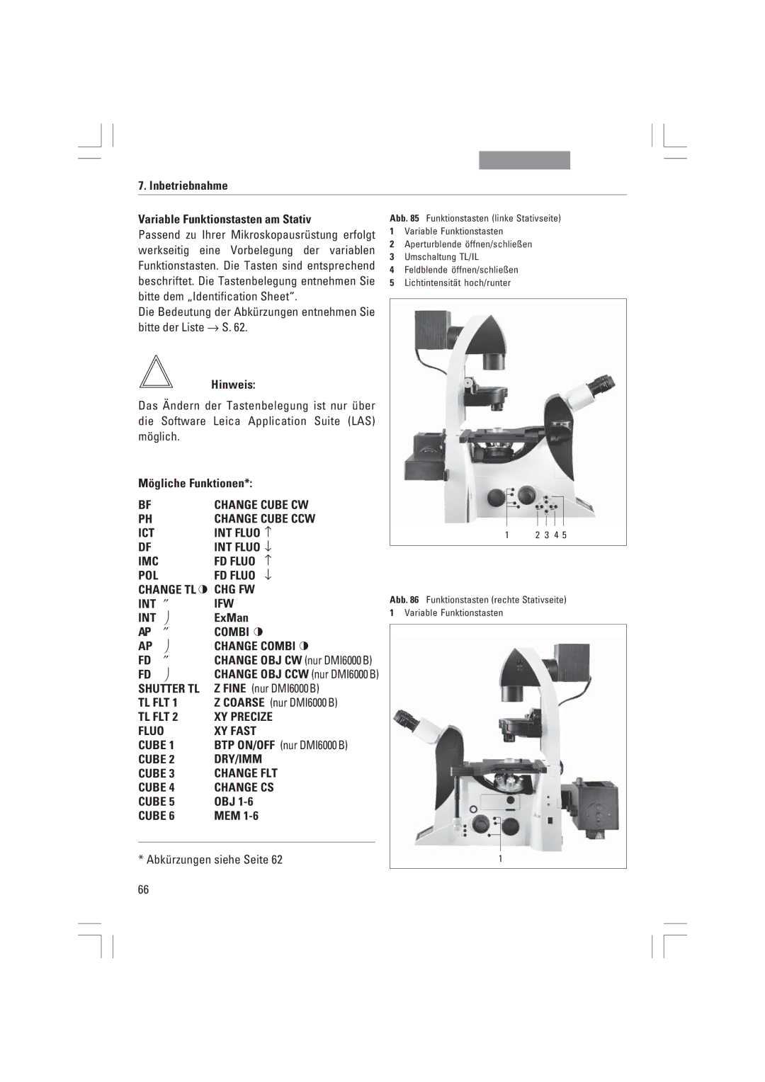 Leica DMI3000B Inbetriebnahme Variable Funktionstasten am Stativ, ExMan, Fine nur DMI6000B, Coarse nur DMI6000 B, Obj, Mem 