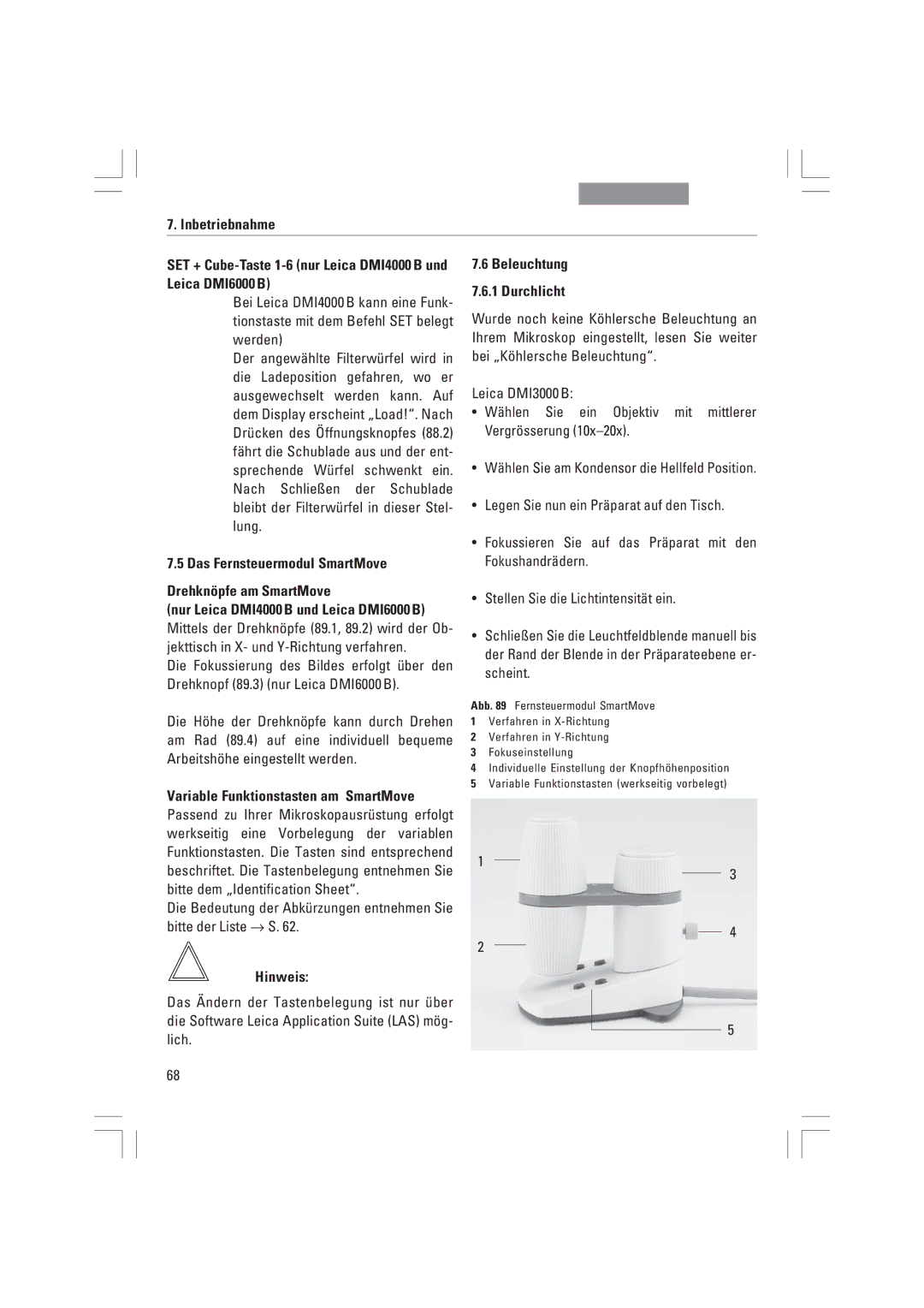 Leica DMI4000B, DMI3000B manual Das Fernsteuermodul SmartMove Drehknšpfe am SmartMove, Variable Funktionstasten am SmartMove 