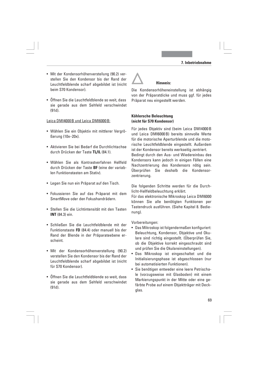 Leica DMI3000B, DMI6000B, DMI4000B manual Kšhlersche Beleuchtung nicht fŸr S70 Kondensor 