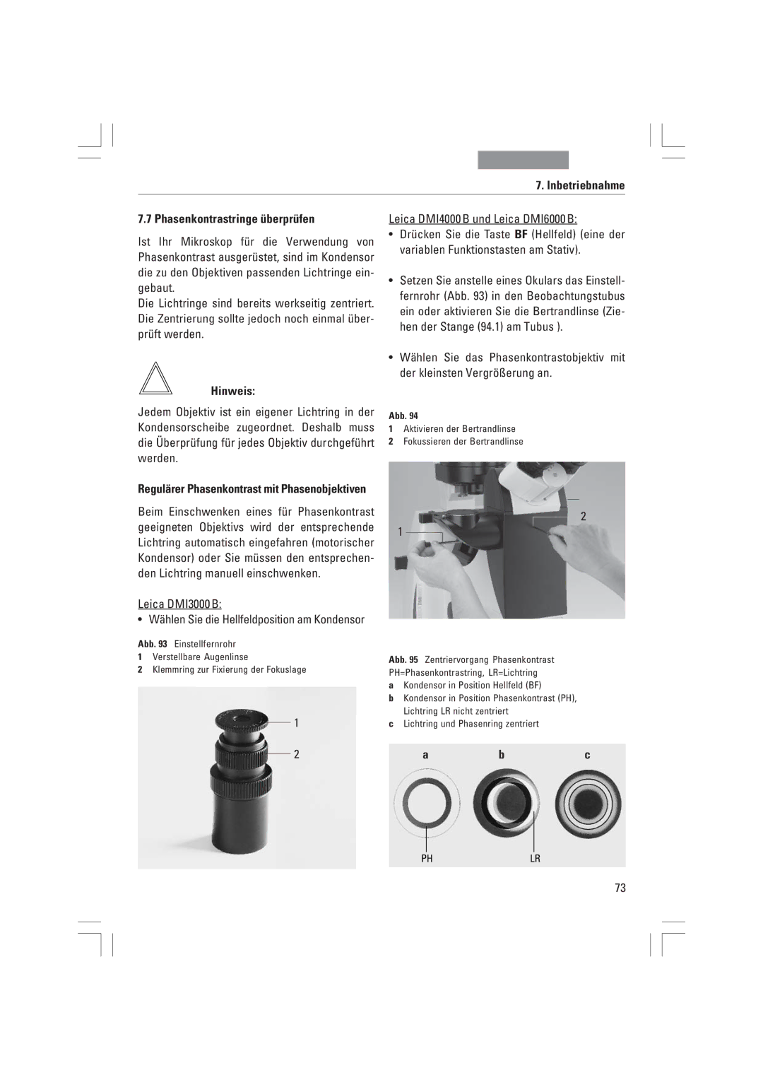 Leica DMI6000B, DMI3000B, DMI4000B manual Inbetriebnahme Phasenkontrastringe ŸberprŸfen, Hinweis 