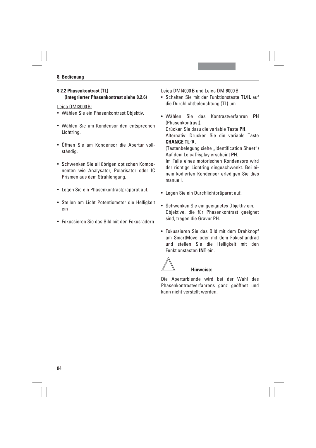 Leica DMI3000B, DMI6000B, DMI4000B manual Bedienung Phasenkontrast TL, Hinweise 