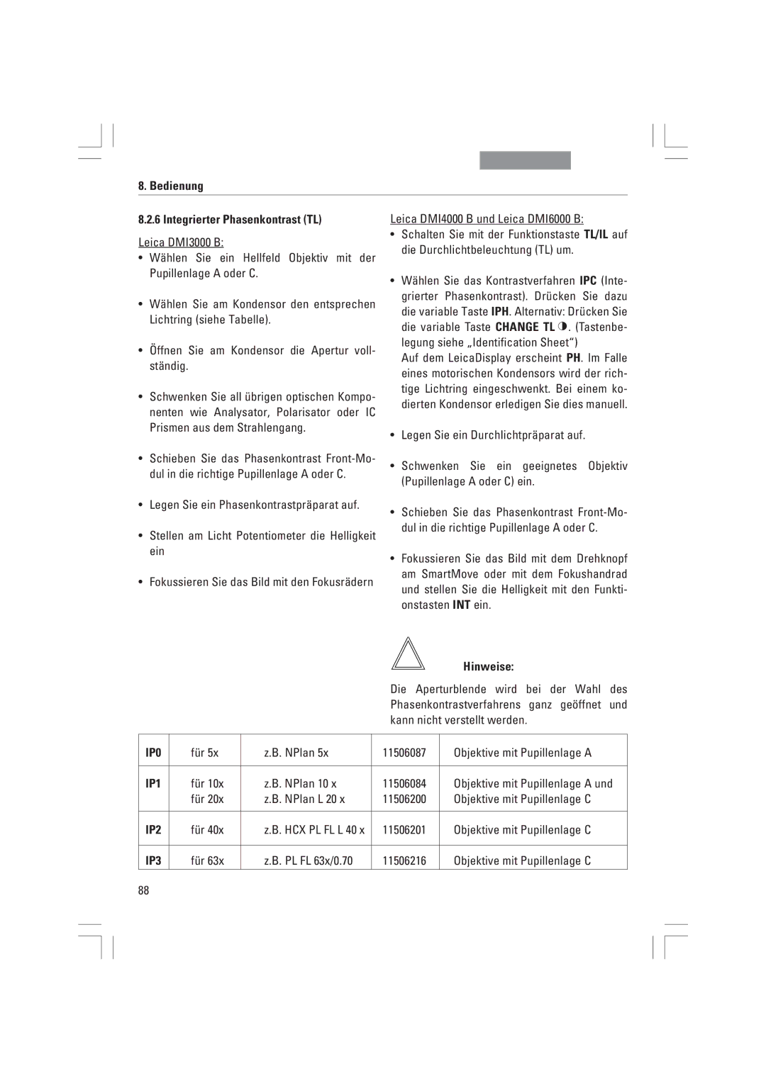 Leica DMI6000B, DMI3000B, DMI4000B manual Bedienung Integrierter Phasenkontrast TL 