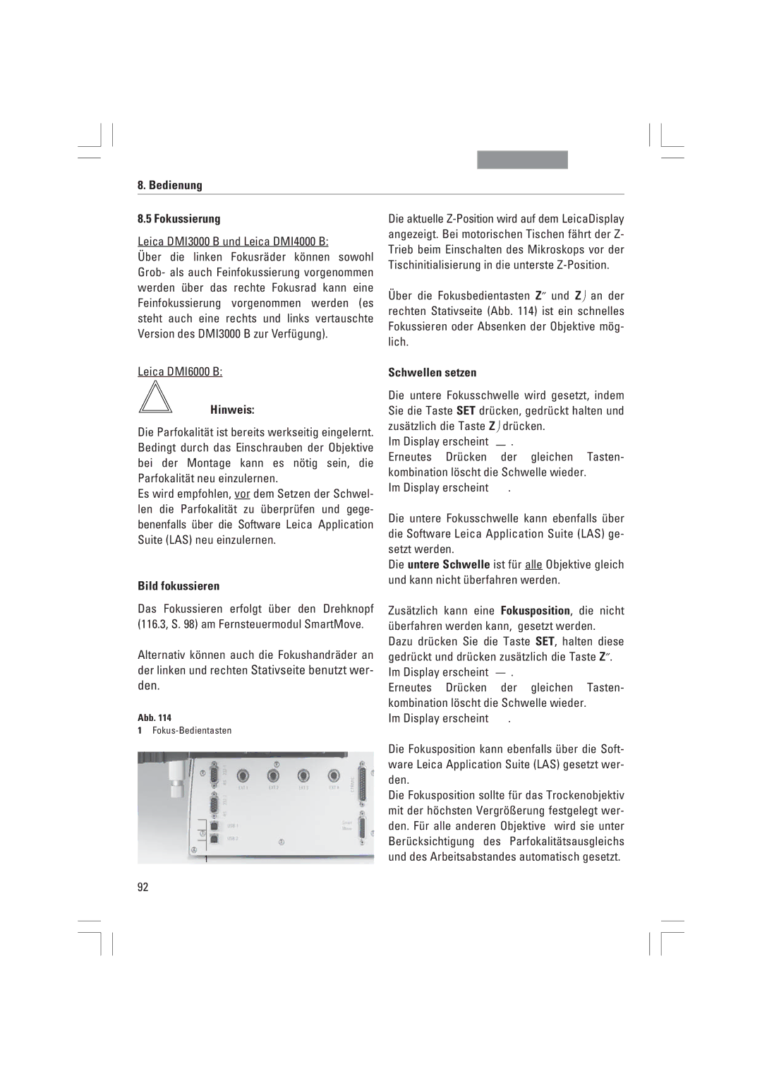 Leica DMI4000B, DMI3000B, DMI6000B manual Bedienung Fokussierung, Bild fokussieren, Den, Schwellen setzen 